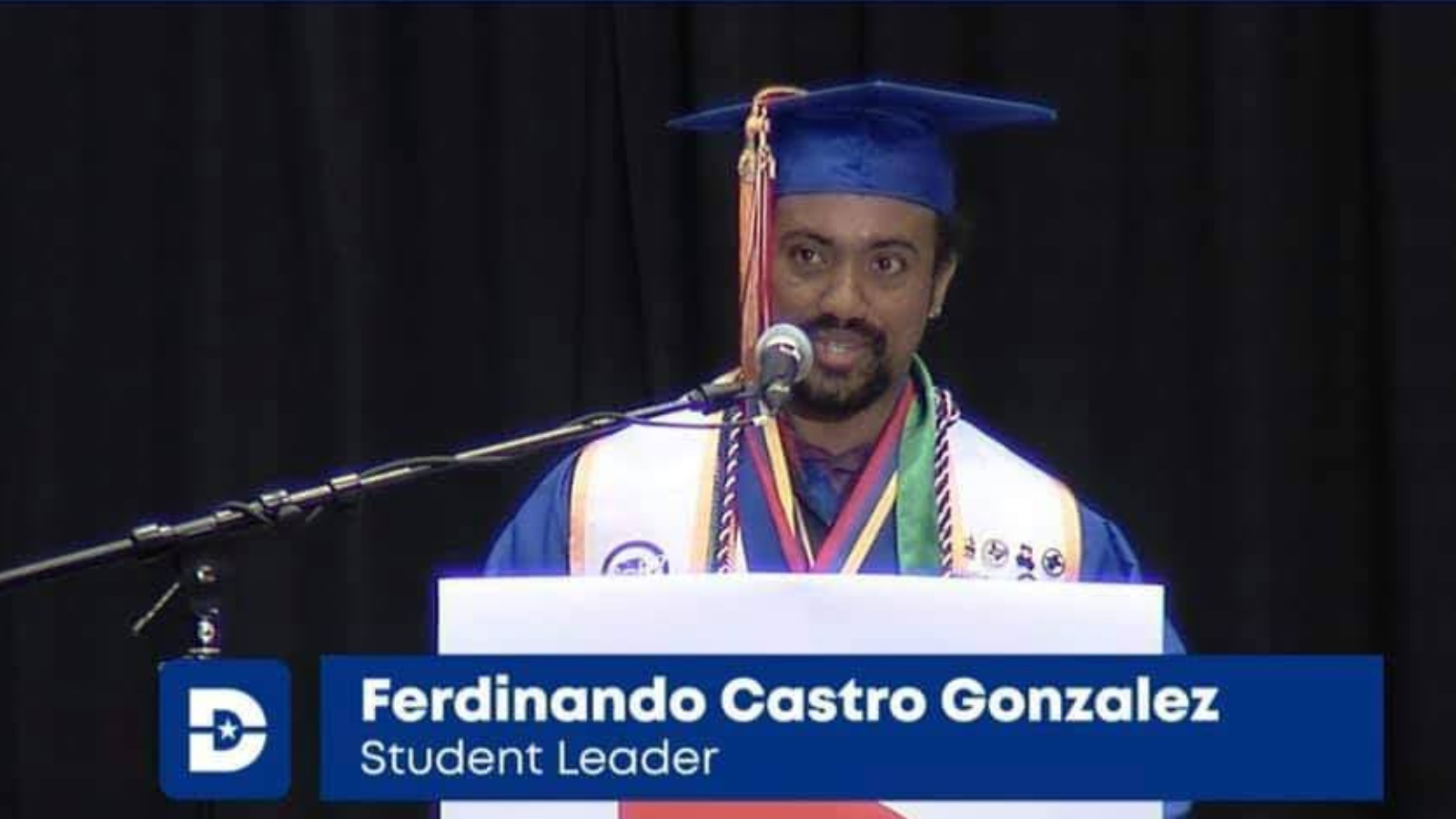 Ferdinando delivering valedictorian speech at Dallas College